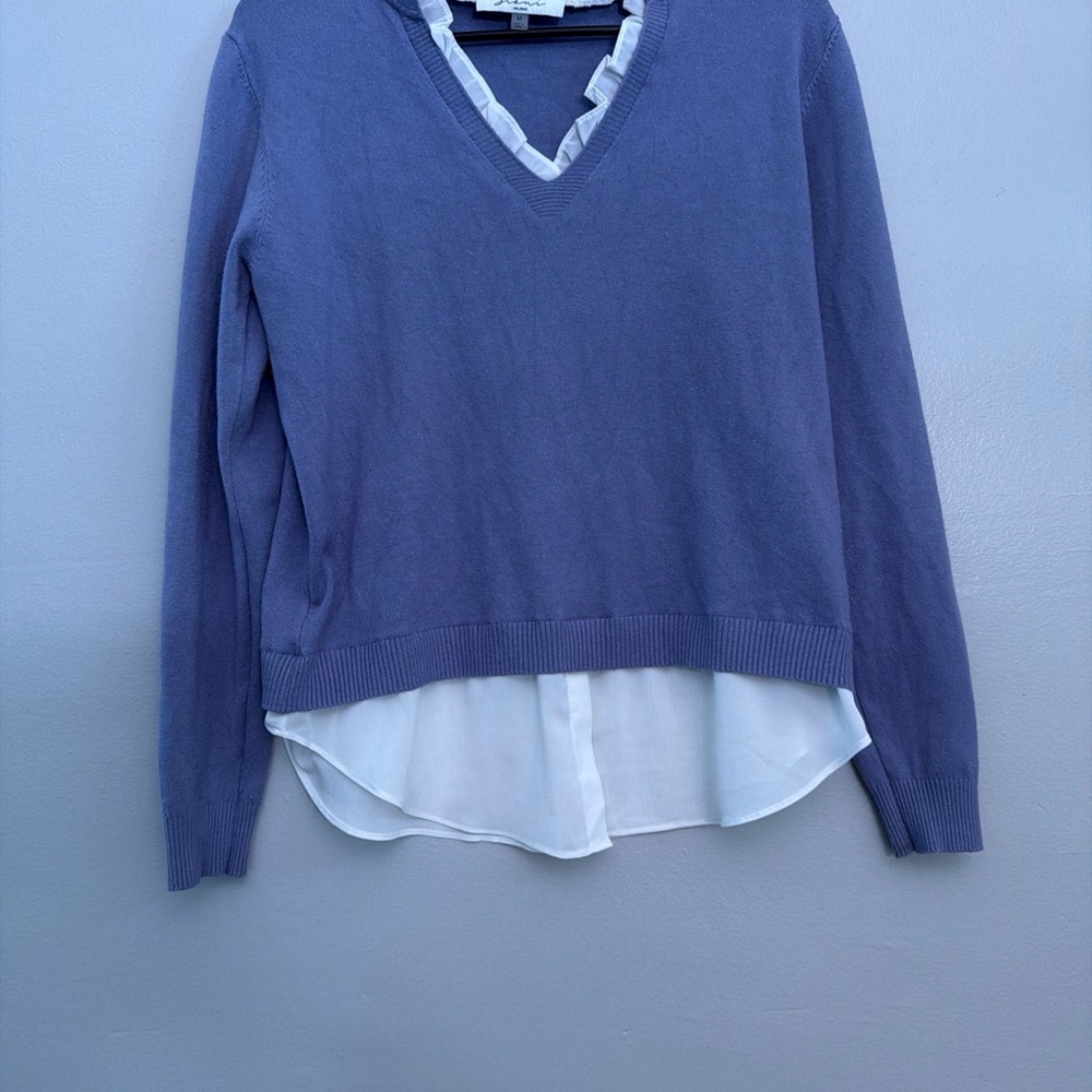 Sioni Milano sizeM Ruffled V-Neck Pullover Office Chic Layered Look Sweater - Picture 1 of 5